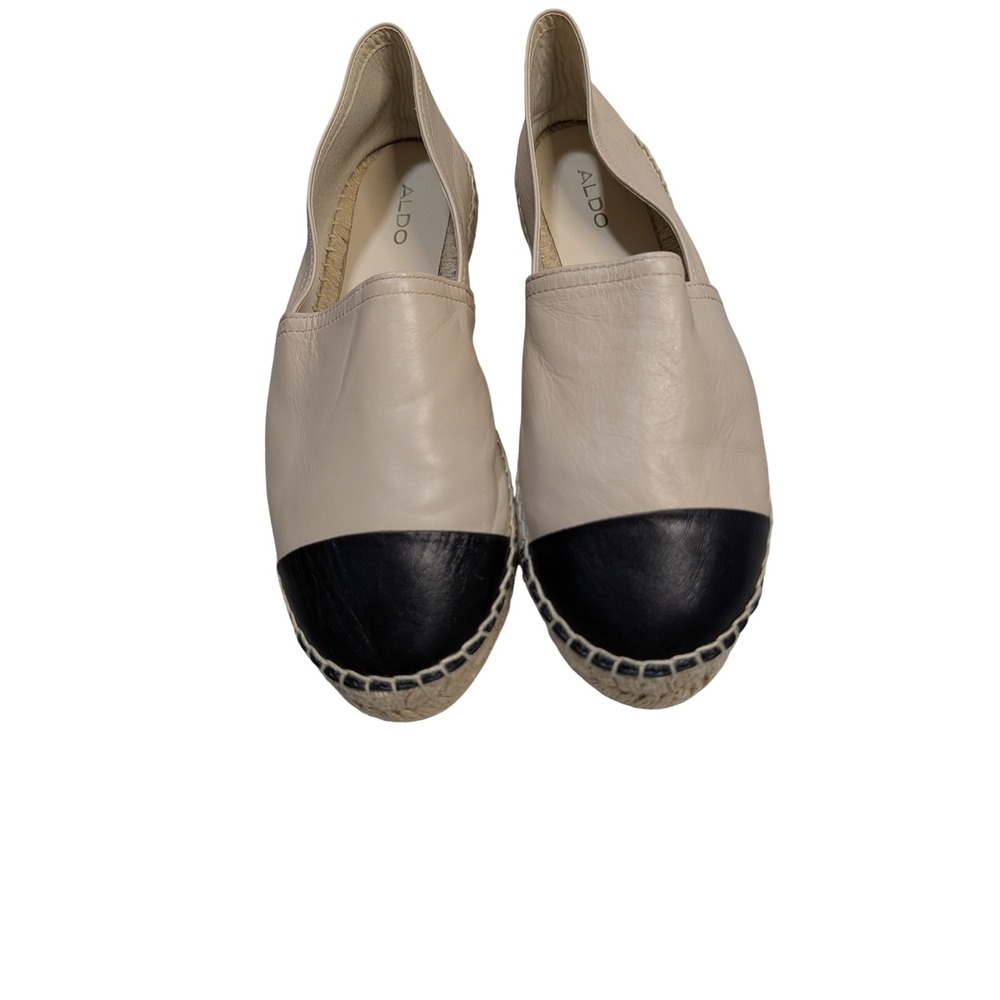 Aldo Womens Beige Leather Cap Toe Espadrille Flats Black Contrast Slip On Size 9